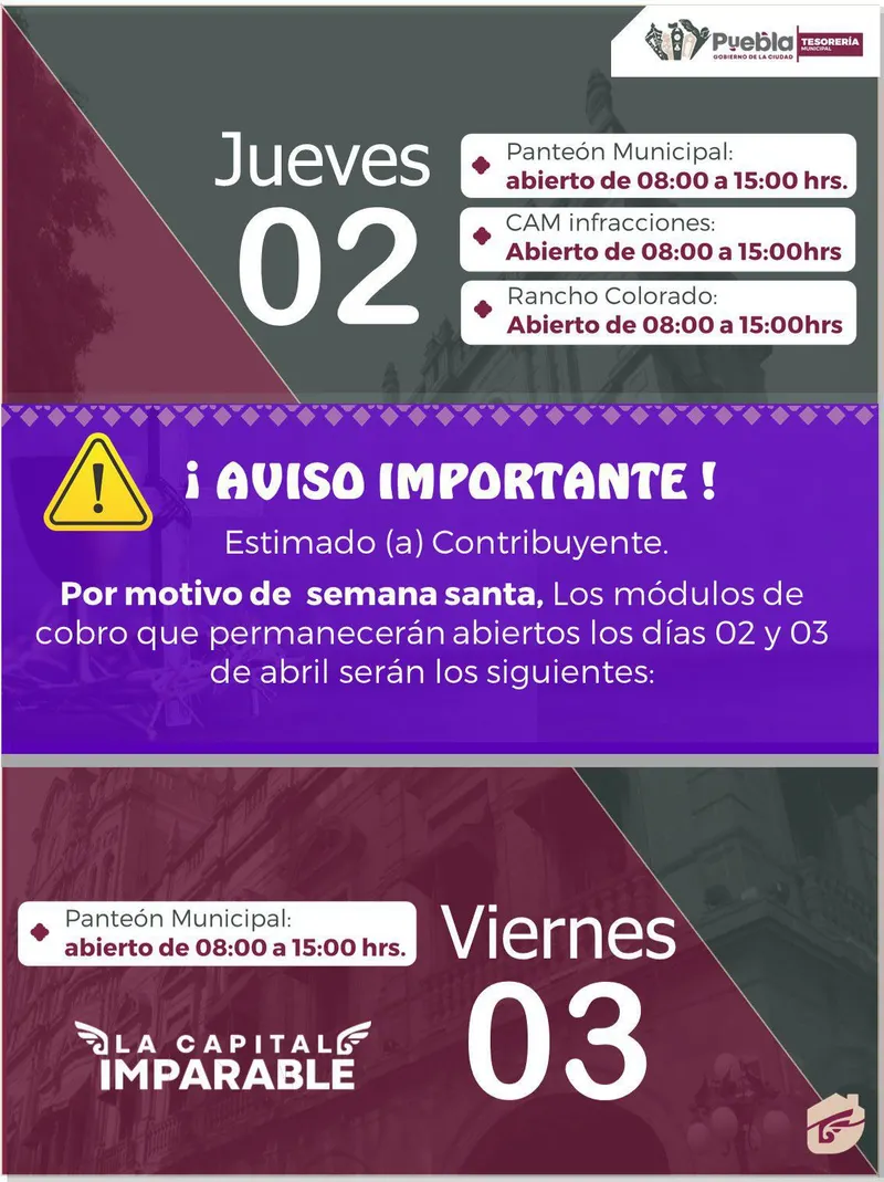 Ayuntamiento de Puebla ajusta horarios en cajas de Tesorería por Semana Santa