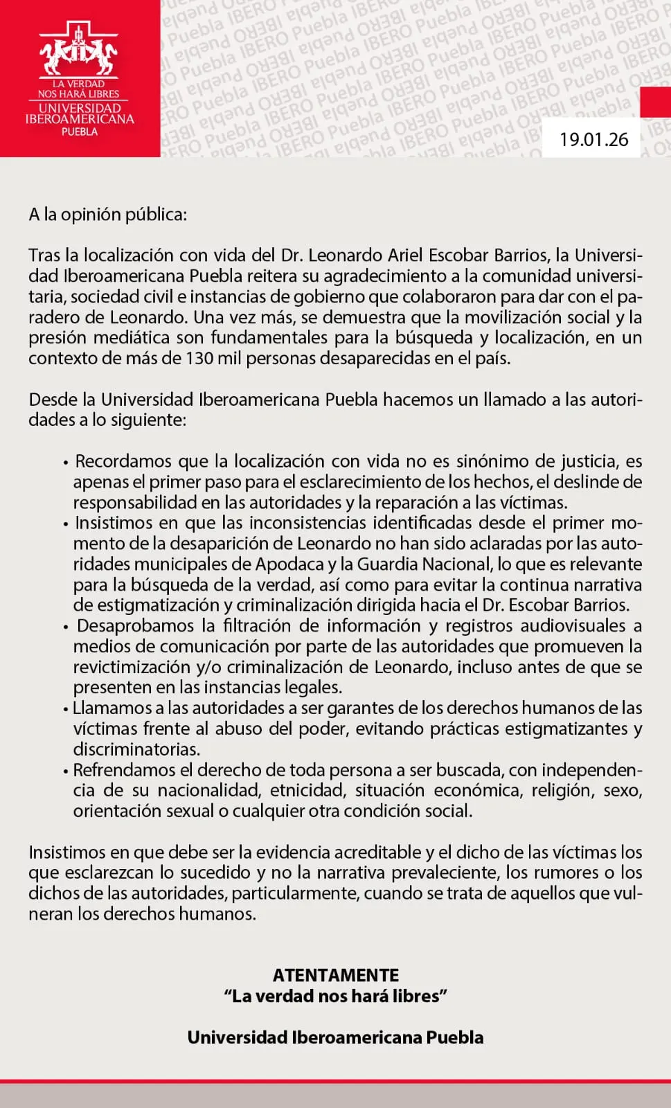 Ibero Puebla difunde testimonio de Leonardo Escobar tras su localización; denuncia detención irregular y días en situación de calle