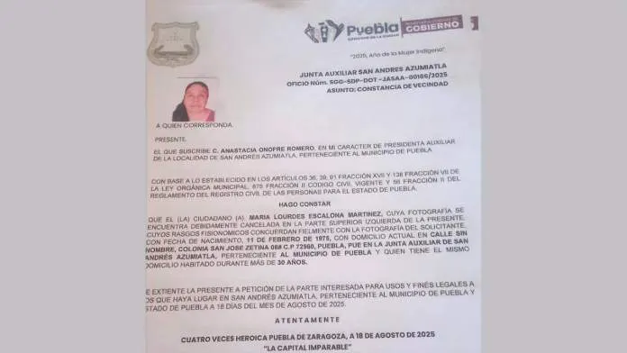 Carta Residencia San Andres Azumiatla