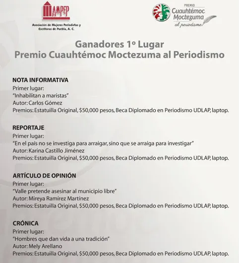 Difunden nombres de ganadores del Premio Cuauhtémoc Moctezuma al Periodismo