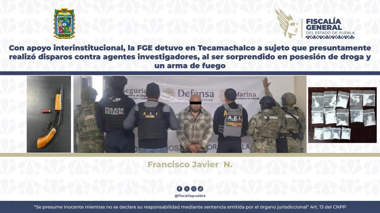 Detenido en Tecamachalco por disparar contra agentes; le aseguran arma y droga