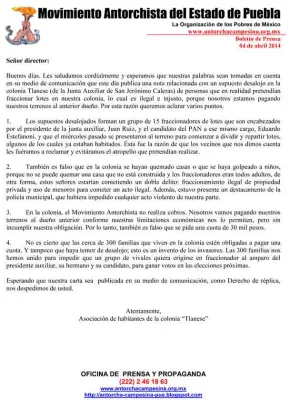 Posición de AC sobre presunto desalojo en colonia Tlanese