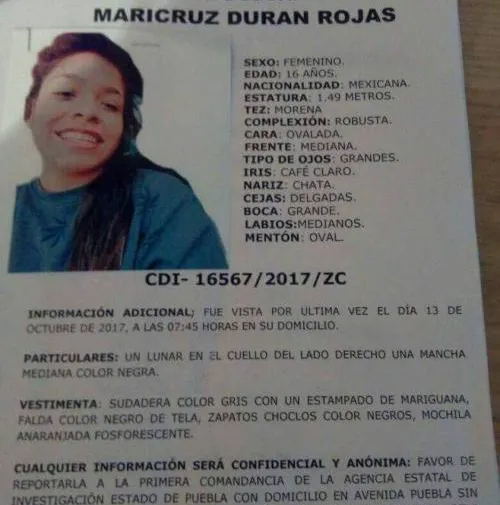 Servicio social para ubicar a Maricruz Duran Rojas de 16 años