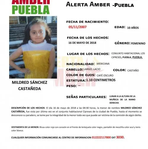 Fiscalía activa Alerta Amber para ubicar a Mildred Sánchez Castañeda de 10 años de edad