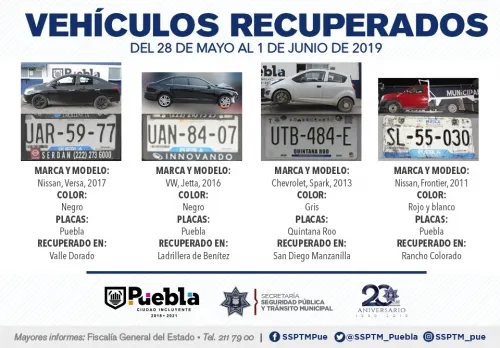 En combate al robo de vehículos, recuperó Policía Municipal de Puebla ocho unidades