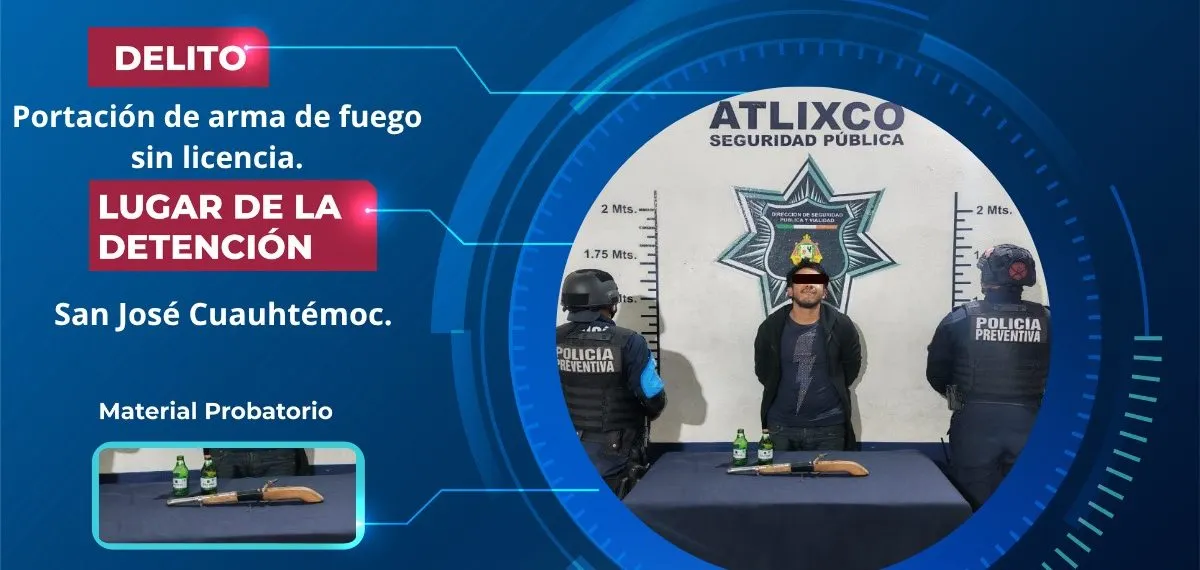 Detienen en Atlixco a hombre por presunta portación de arma hechiza en San José Cuauhtémoc