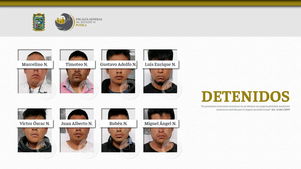 FGE Puebla detuvo a 8 hombres, uno relacionado al homicidio de un menor de edad y un adulto