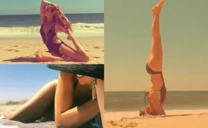 Thalía se luce en la playa haciendo yoga
