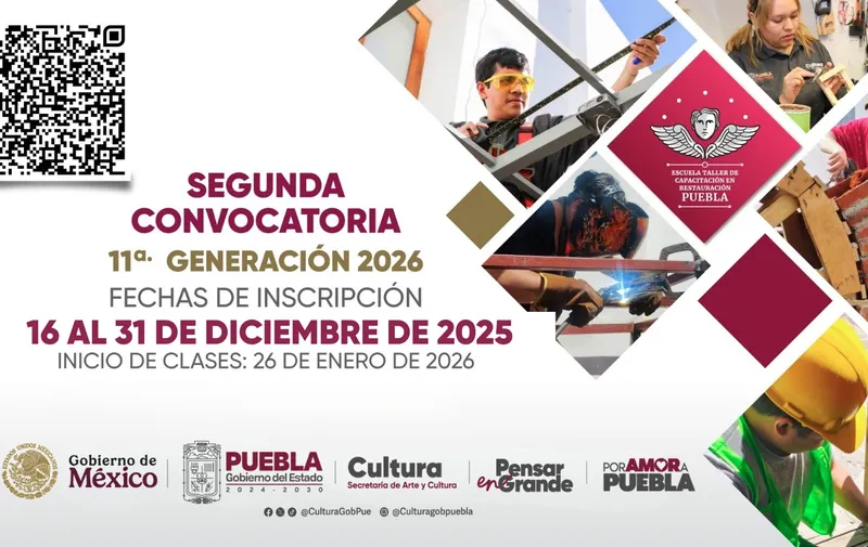 Lanzan segunda convocatoria de la Escuela Taller de Restauración en Puebla para la 11ª Generación 2026