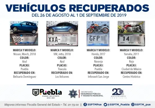 Recuperó Policía Municipal de Puebla nueve vehículos con reporte de robo