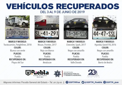 Durante la primera semana de junio, recuperó SSPTM de Puebla ocho vehículos robados