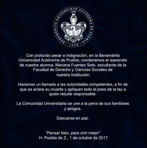 BUAP exige a las autoridades den con los responsables del homicidio de Mariana Fuentes