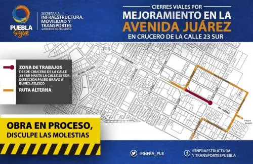 Cierran circulación en crucero de la avenida Juárez y 23 sur por obras