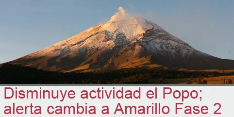 Disminuye actividad el Popo; alerta cambia a Amarillo Fase 2