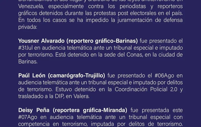 Cuatro periodistas son acusados de terrorismo en Venezuela durante protestas postelectorales