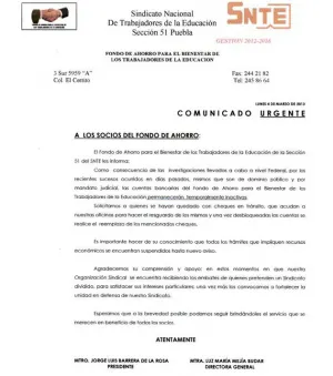 Sección 51 del SNTE cancela cheques expedidos a maestros de Puebla