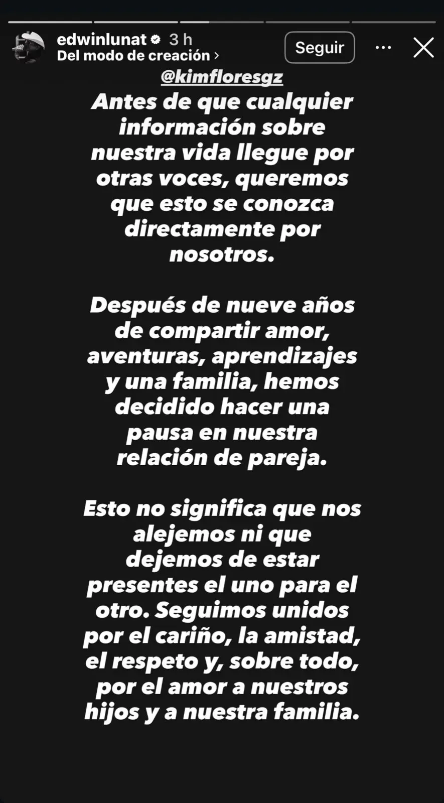Edwin Luna y Kimberly Flores ponen en pausa su relación tras nueve años