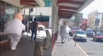 Joven con miedo a las botargas es perseguida por un Dr. Simi en la calle