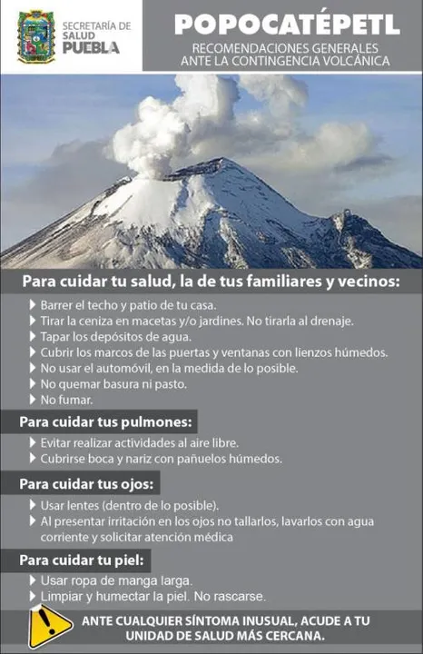 Recomienda la Secretaría de Salud cubrir ojos y garganta ante la caída de ceniza del Popocatépetl