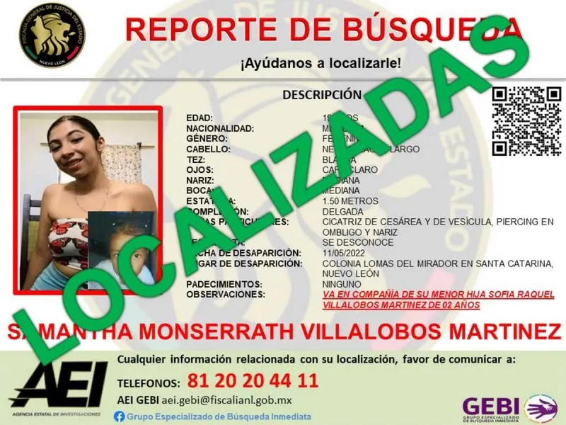 Encuentran con vida a joven madre y a su hija de dos años en Nuevo León