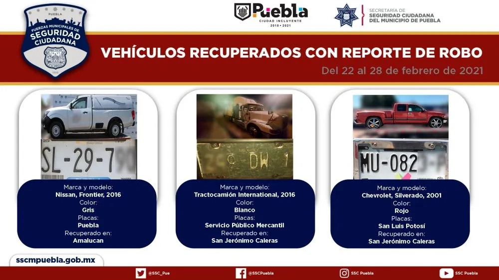 En la última semana de febrero, remitió policía municipal de Puebla nueve vehículos ante el Ministerio Público