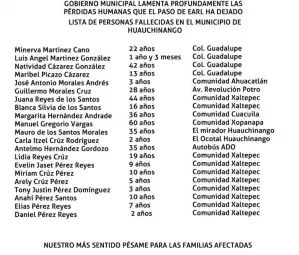 Difunden primera lista de fallecidos en Huauchinango