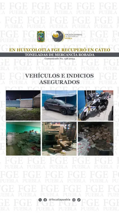 FGE de Puebla recupera toneladas de mercancía robada en cateo en Huixcolotla