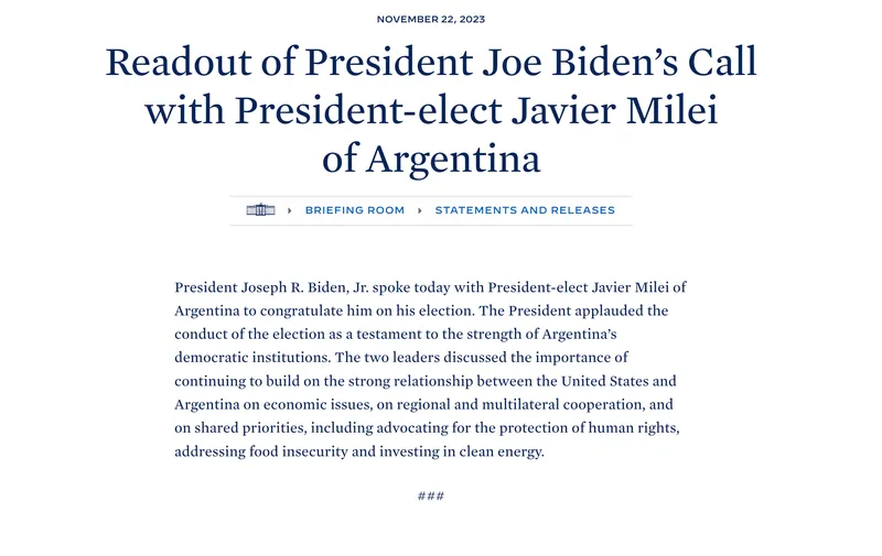 Comunicado emitido por la Casa Blanca