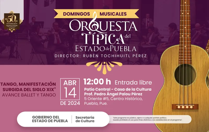 Alista Orquesta Típica del Estado de Puebla conciertos dominicales