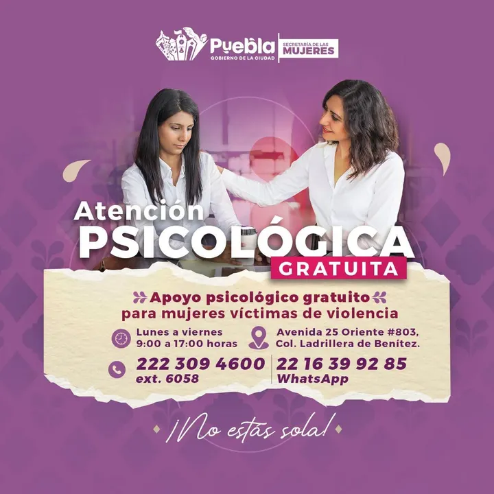 Ofrece Secretaría de las Mujeres atención psicológica y asesoría jurídica gratuita en Puebla