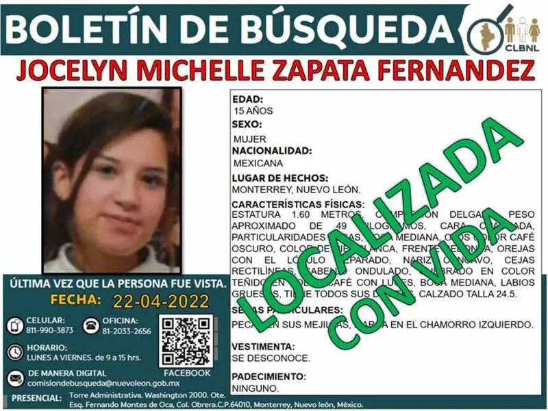Encuentran con vida a Jocelyn Michelle, joven 16 años desaparecida en Monterrey