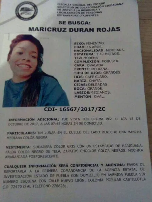 Servicio social para ubicar a Maricruz Duran Rojas de 16 años