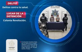 Policía Municipal de Atlixco asegura a dos personas por presuntos delitos contra la salud