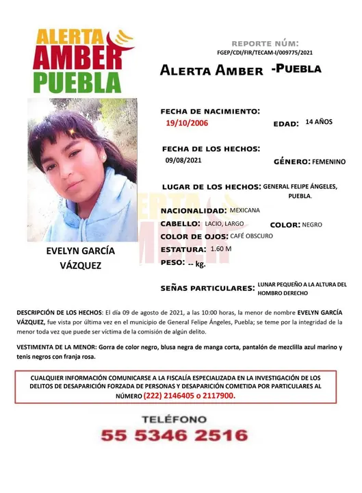 Fiscalía Puebla activa Alerta Amber para localizar a menor de 14 años
