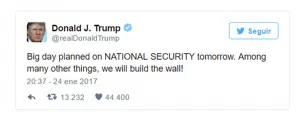 Trump anuncia construcción de muro fronterizo en redes