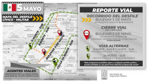 Anuncia SSP Estatal dispositivo vial para el desfile del 5 de Mayo