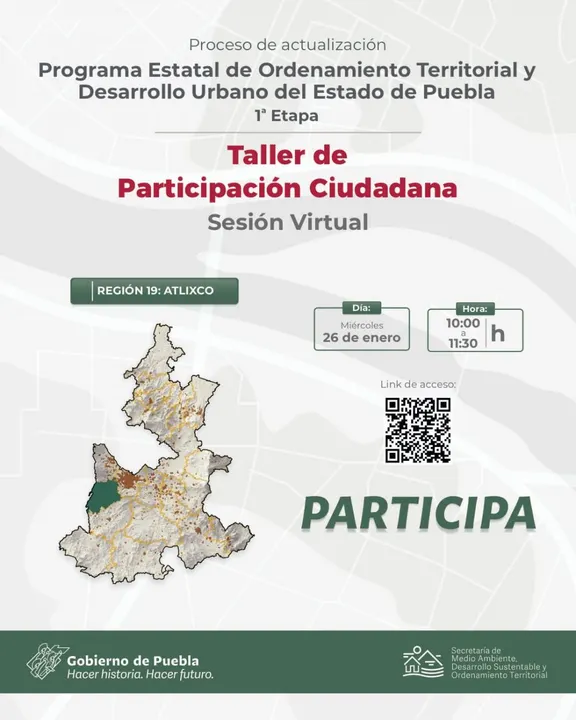 Ordenamiento Territorial del Estado invita a participar a atlixquenses a colaborar en Taller de Participación Ciudadana