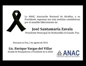 Lamenta Anac homicidio del alcalde de Huehuetlán