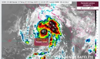 Huracán Lorena alcanza categoría 1 frente a Baja California Sur y podría intensificarse a categoría 2 en las próximas horas