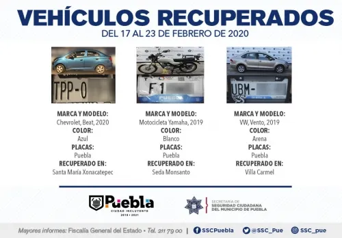 En tan sólo una semana, remitió SSC de Puebla 13 vehículos ante el agente del Ministerio Público