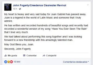 Ex líder de Creedence se une a pena por fallecimiento del Divo de Juárez