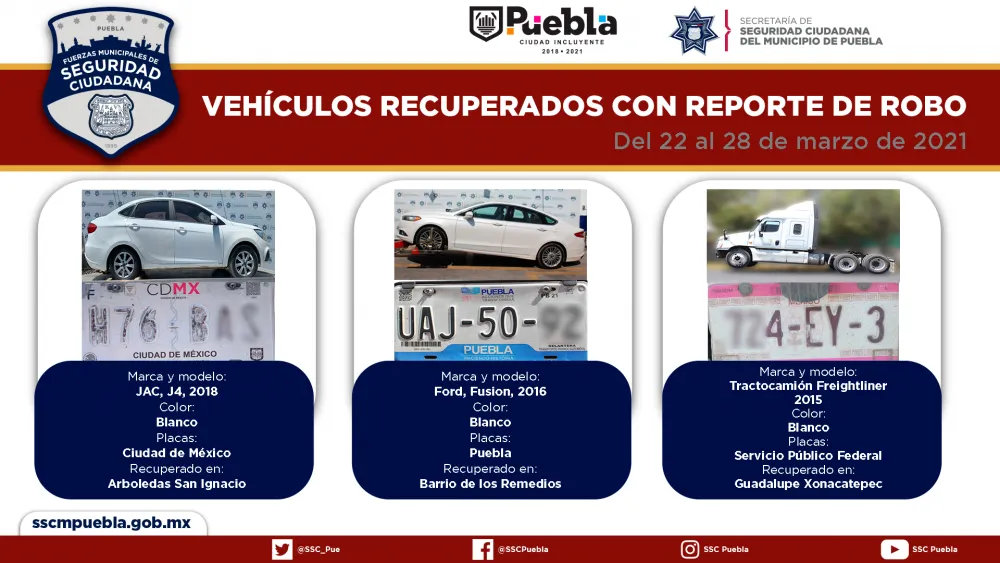 Remitió policía municipal de Puebla 21 vehículos ante el Ministerio Público