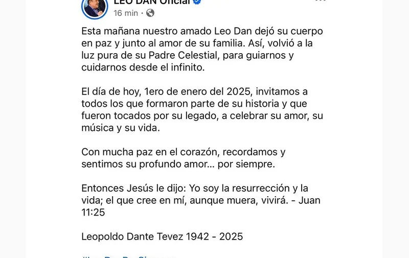 Fallece a los 82 años Leo Dan, cantante y compositor argentino