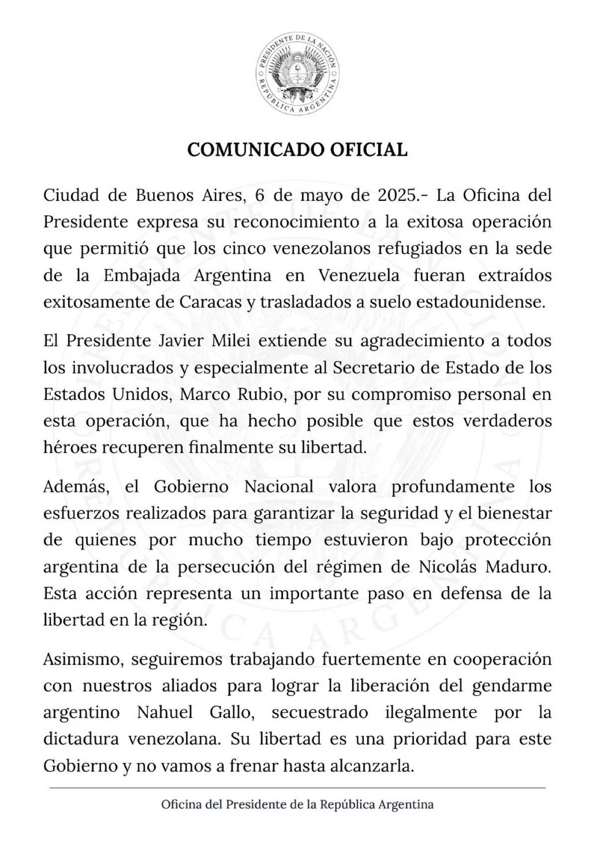 comunicado-milei-rescate-opositores-venezolanos