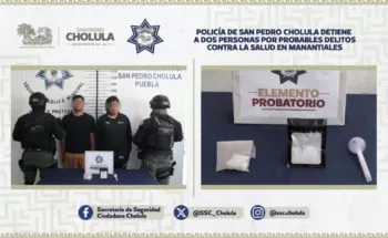 Policía de San Pedro Cholula capturan a dos por delitos contra la salud en Manantiales