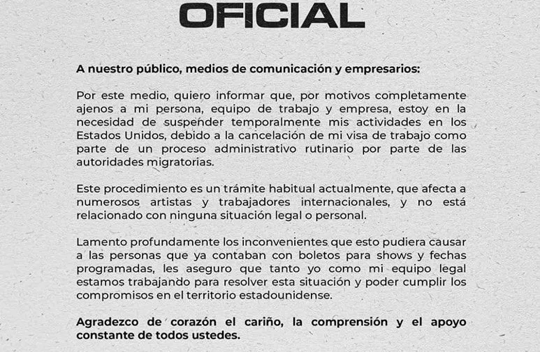 Retiran visa a Javier Rosas; cancela gira en EE.UU. por revisión migratoria
