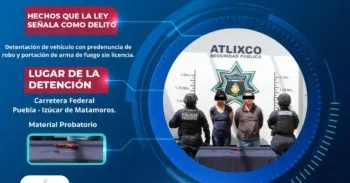 La SSC de Atlixco interceptó un vehículo con reporte de robo y aseguró un arma de fuego