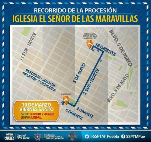 Recorrido de la Procesión de Viernes Santo en Puebla