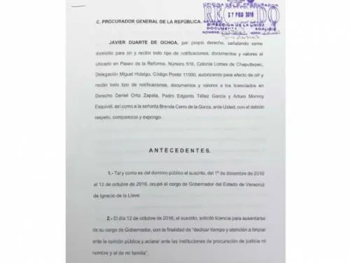 Javier Duarte se pone a disposición de la PGR por desaparición forzada