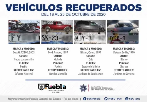 Exitosamente, recuperó policía municipal de Puebla ocho vehículos con reporte de robo